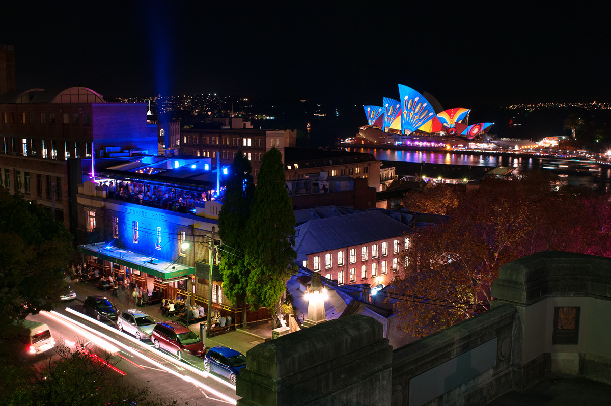 A photo of Vivid taken from the Bridge Stairs in Sydney